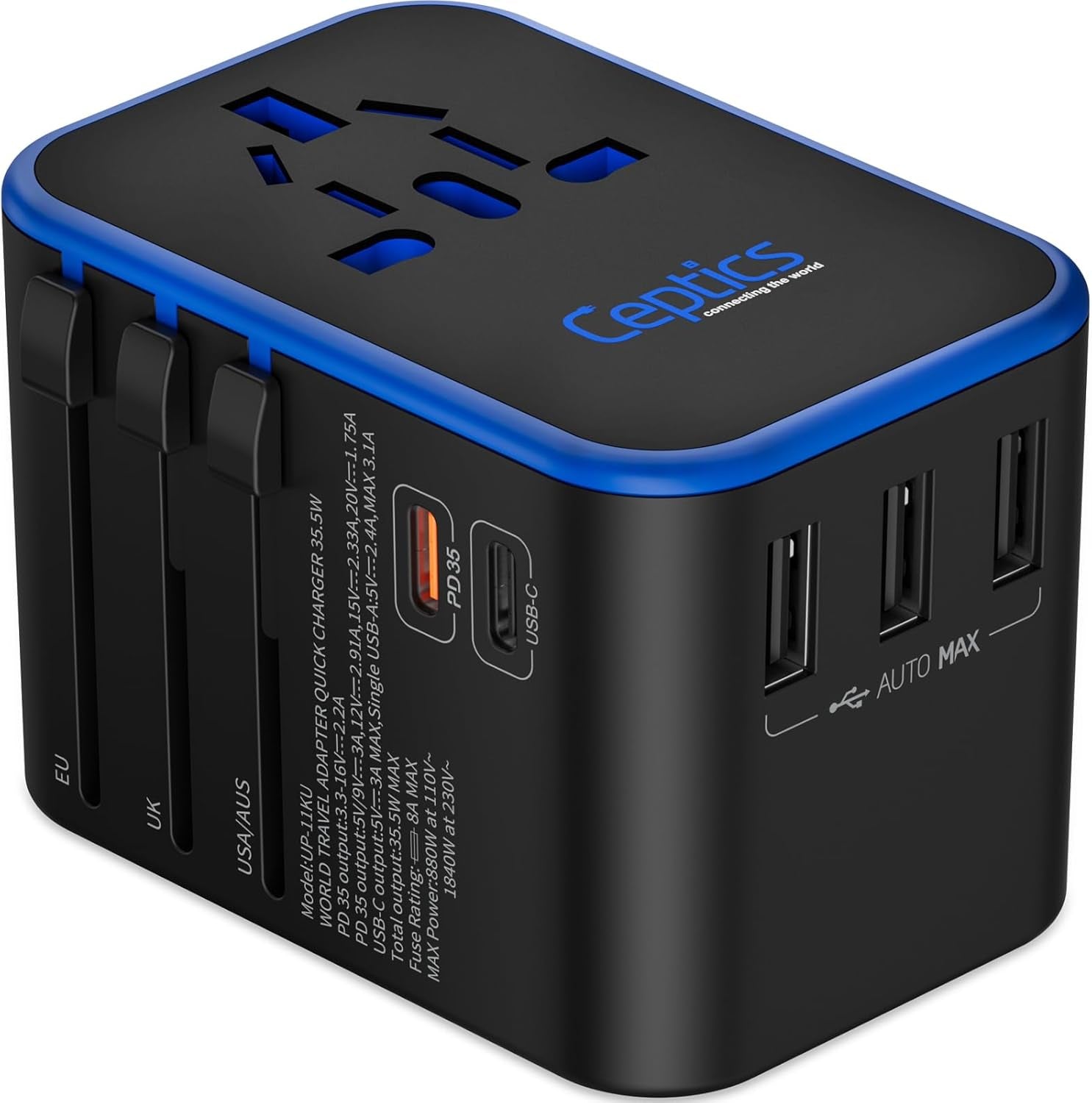 World International Travel Plug Adapter - Powerful 33.5W with Pd & QC 3.0 Dual USB-C Power - 3 USB Ports Wall Charger Type I C G a Outlets 110V 220V A/C - EU Euro US UK (11-KU)