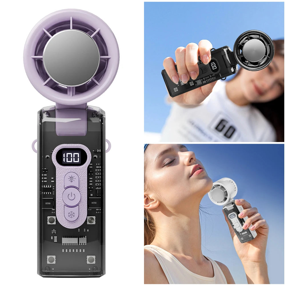High Speed Turbo Fan with LED Light 100 Speeds Portable Handheld Fan Rechargeable Foldable Personal Cooling Fan for Home Office