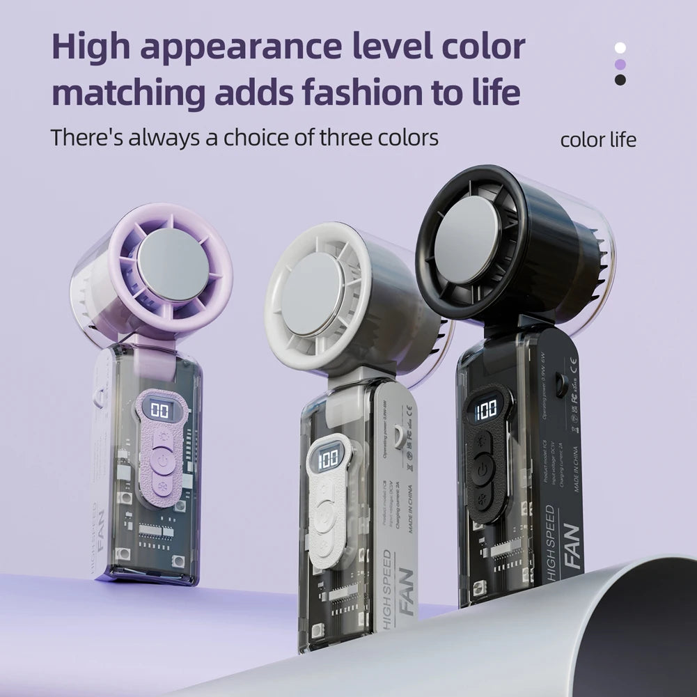 High Speed Turbo Fan with LED Light 100 Speeds Portable Handheld Fan Rechargeable Foldable Personal Cooling Fan for Home Office