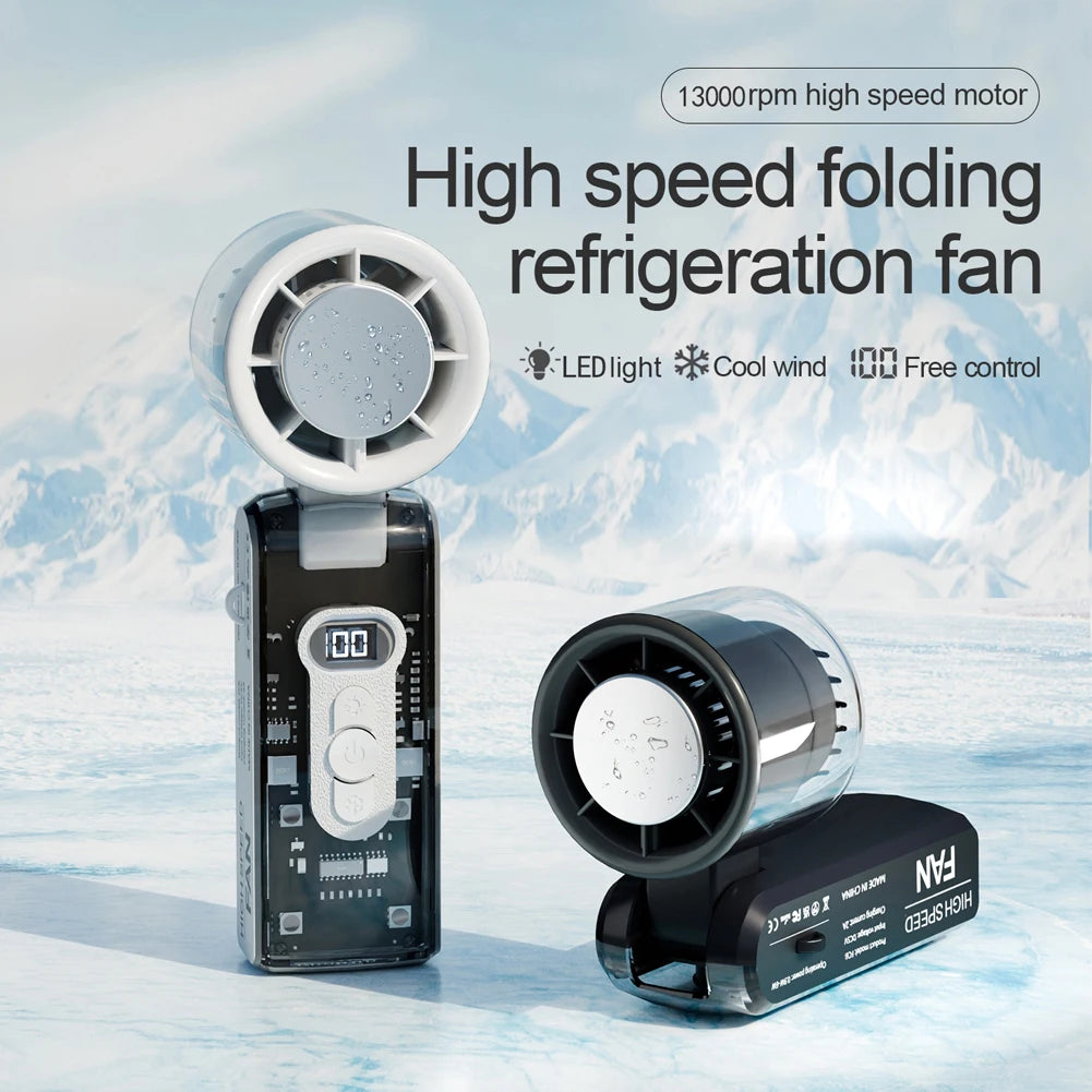High Speed Turbo Fan with LED Light 100 Speeds Portable Handheld Fan Rechargeable Foldable Personal Cooling Fan for Home Office